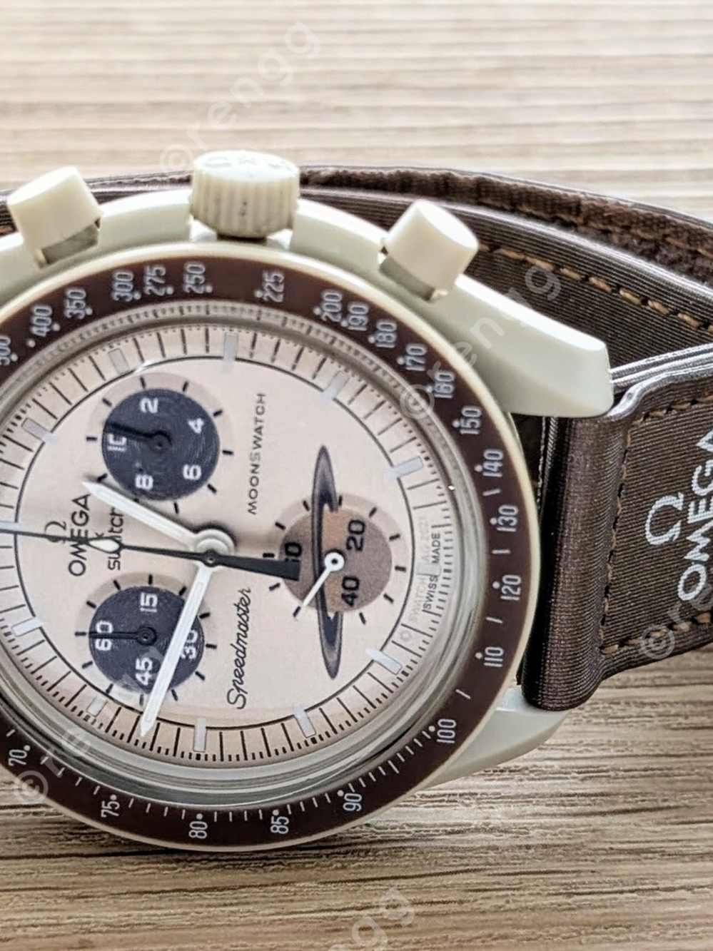 Swatch Beige and Brown Speedmaster-Inspired Chronograph Watch